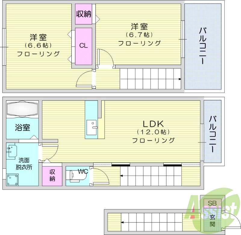 2LDK、カウンターキッチン、バルコニー、メゾネット、収納
