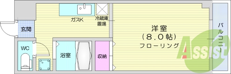 1K、暖房便座、エアコン、バルコニー、室内洗濯機置き場、収納