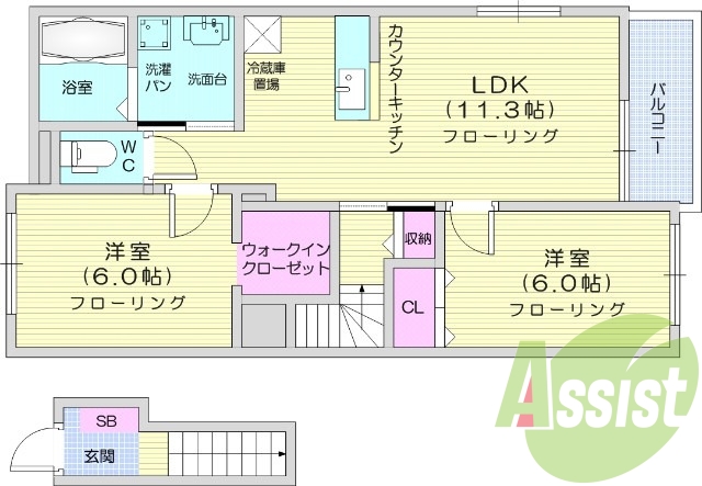 2LDK、エアコン2台、モニターホン、WIC