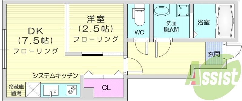 1DK、追焚き、システムキッチン、冷暖房エアコン、ネット無料