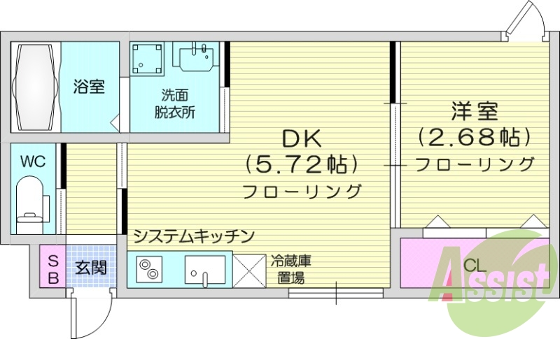 1DK、エアコン、独立洗面台、バストイレ別、システムキッチン