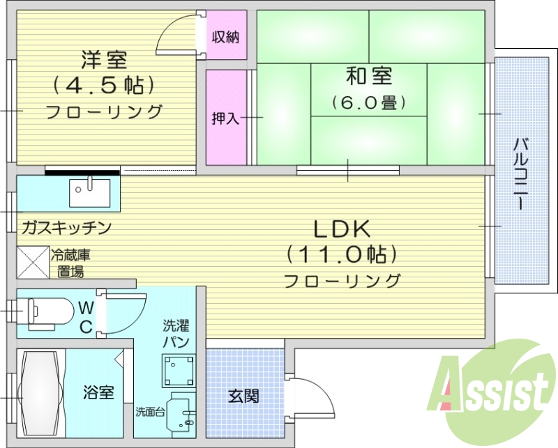2LDK、角部屋、独立洗面台、バストイレ別