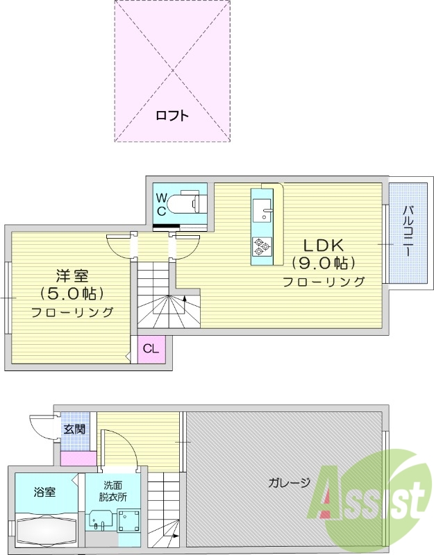 1LDK、ガレージ付、デジタルキー、ロフト付き　　
