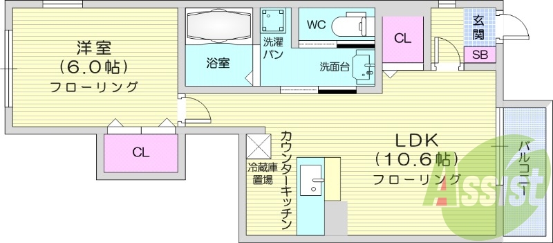 1LDK、南向き、カウンターキッチン、エアコン、温水洗浄便座