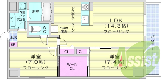 2LDK、食洗器、オートロック、インターネット無料