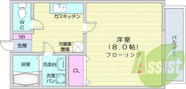 1K・給湯、シャンプードレッサー、独立洗面台、南向き