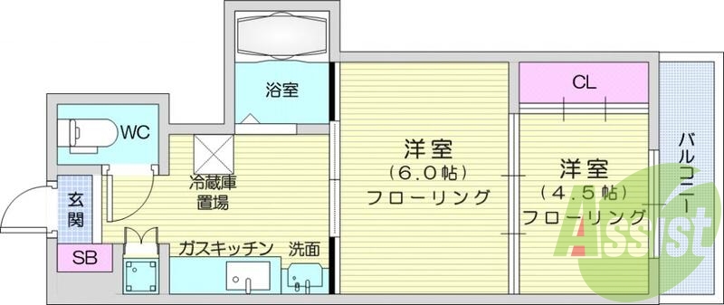 写真は別室です。2ＤＫ、洗髪洗面化粧台、都市ガス