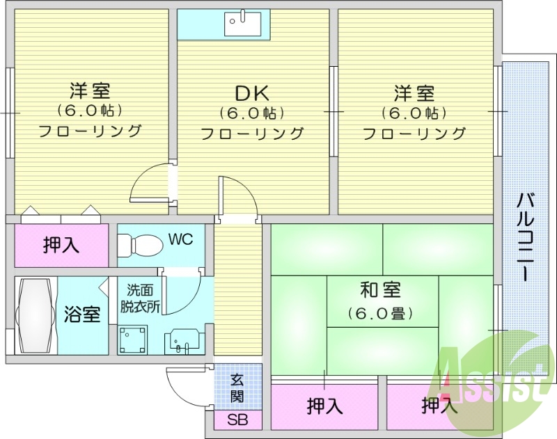 3DK、独立洗面台、エアコン、追焚機能付き