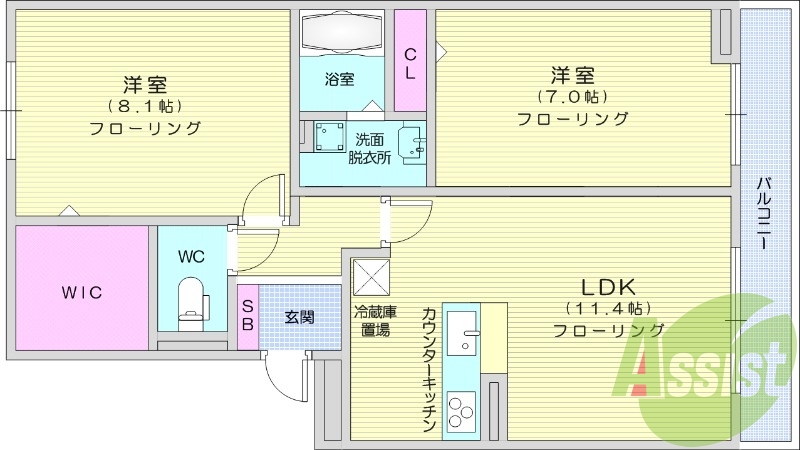 2LDK、インターネット使用料無料、ヨークベニマル徒歩圏内。