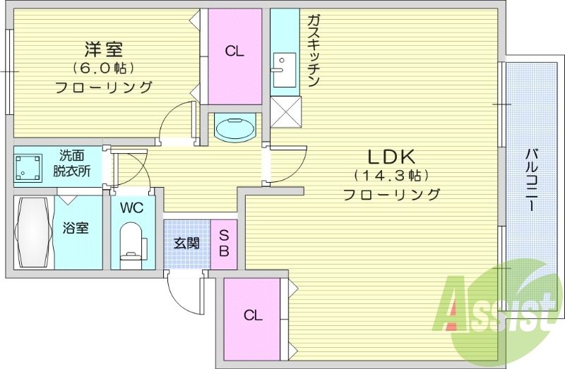 1LDK、給湯、バルコニー、エアコン、フローリング