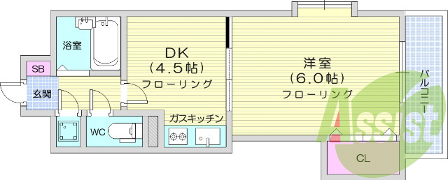 1K、バストイレ別、都市ガス、バルコニー、室内洗濯機置場