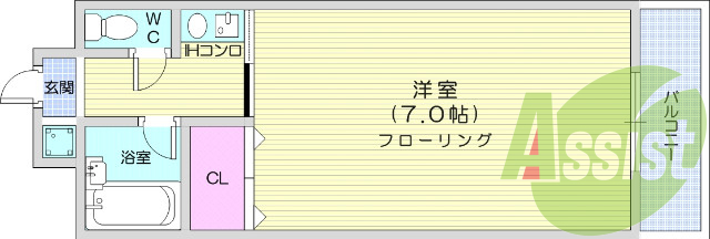 1K、都市ガス、モニター付きインターホン、ミニ冷蔵庫