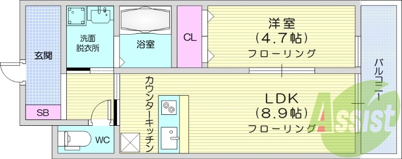 1LDK、インターネット無料、浴室乾燥機。