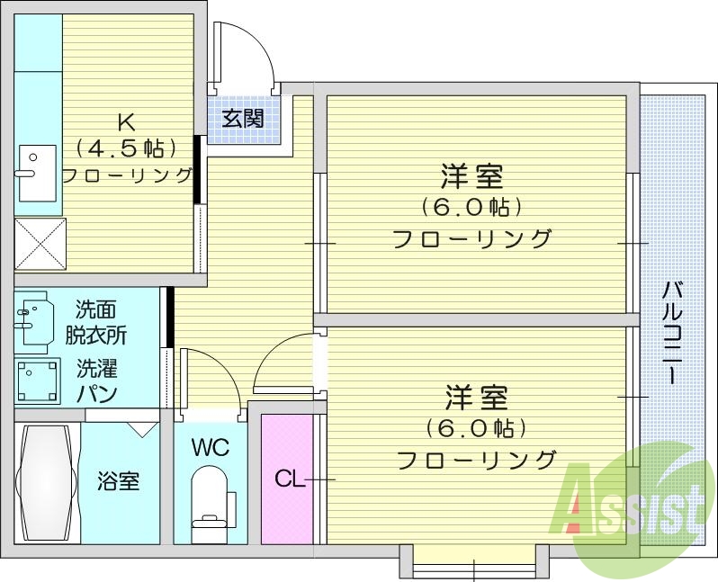 ２ＤＫ、独立洗面、脱衣場、セパレート、エアコン、バルコニー