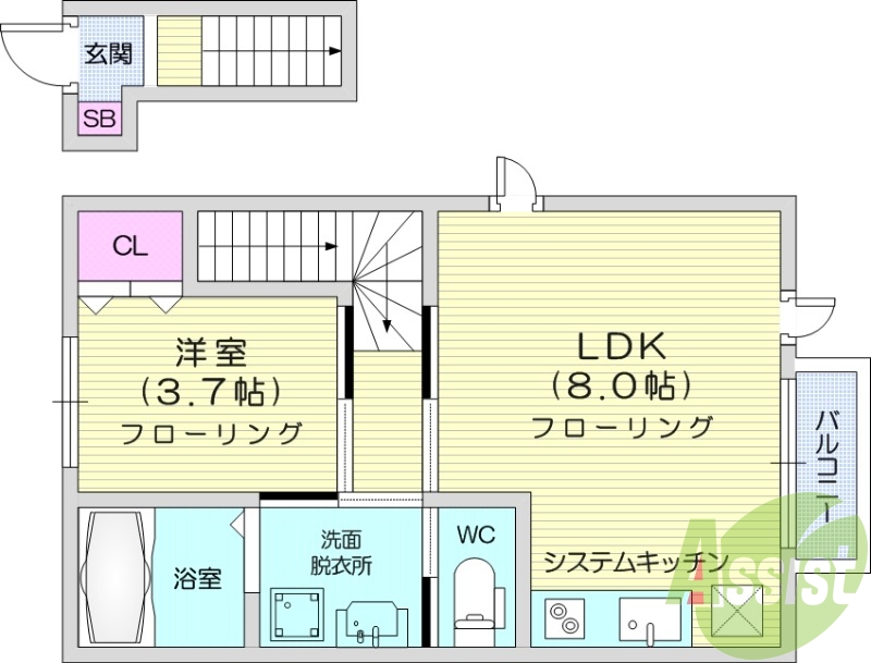 1LDK、バルコニー、フローリング、浴室乾燥機。