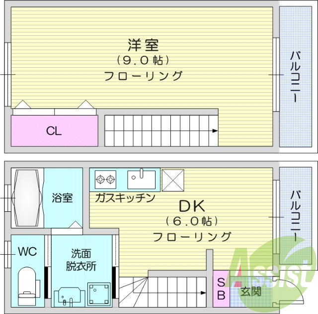 1ＤＫ、メゾネット、追焚き、洗面化粧台、エアコン