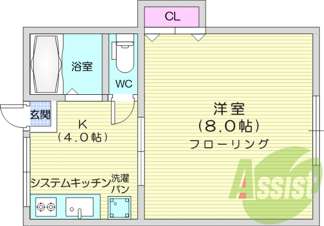 1K、室内洗濯機置き場、収納スペース、冷蔵庫置き場