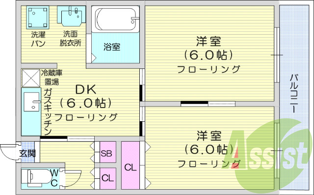 ２DK、エアコン、角部屋、シャンプードレッサー