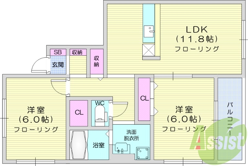 2LDK、角部屋、シャンプードレッサー、浴室乾燥機