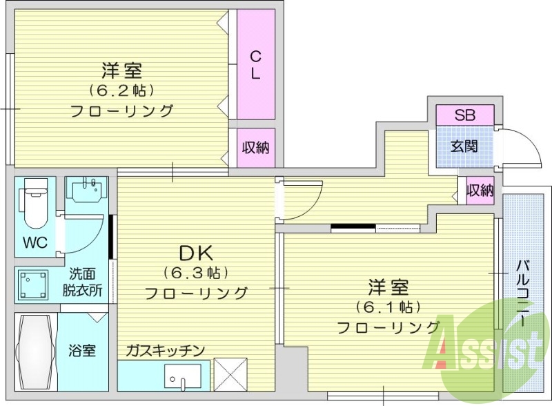 2DK、追い焚き、床下収納、モニター付きインターホン、角部屋