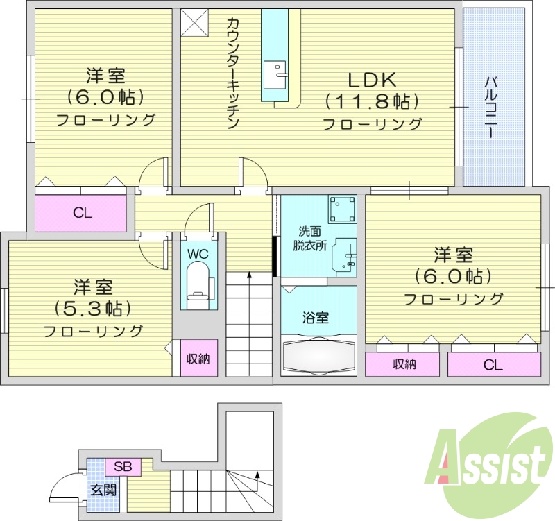 3LDK、エアコン2台、モニタ付インターホン
