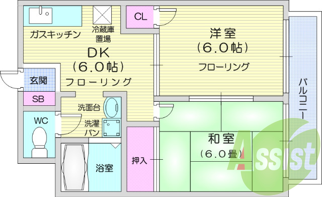 2DK、独立洗面台、音声インターホン、駐車場