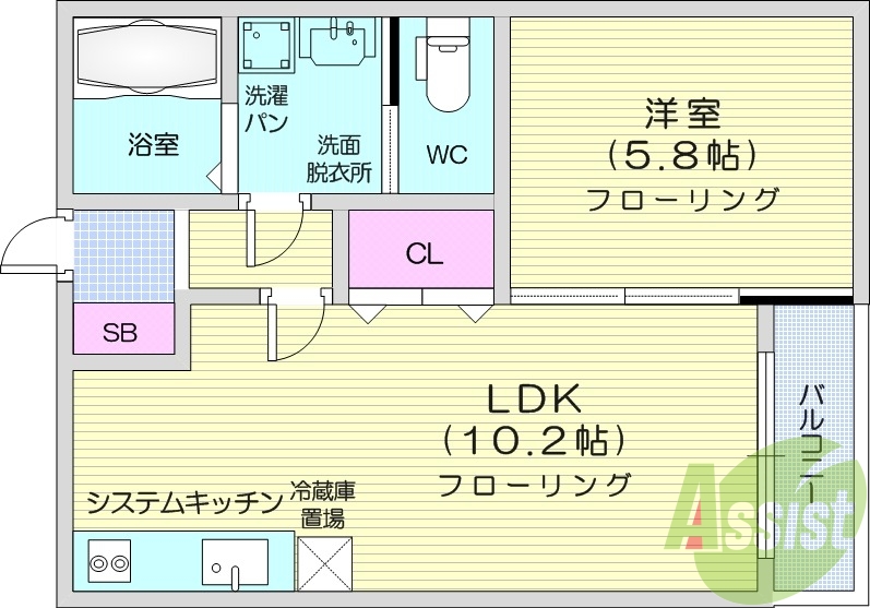 1LDK、洋室広め、モニター付きインターホン！