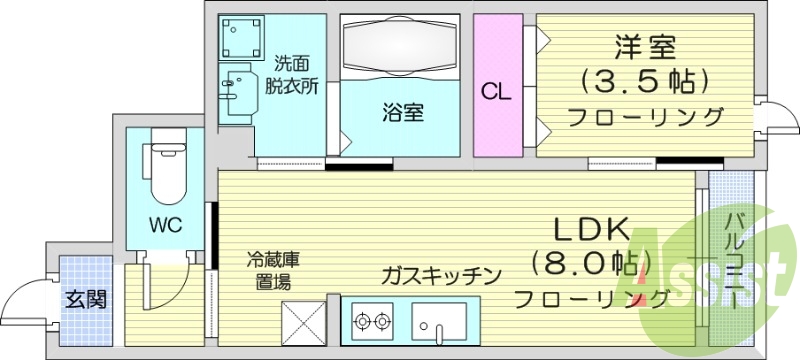 1LDK、浴室乾燥機、宅配BOX、エアコン。