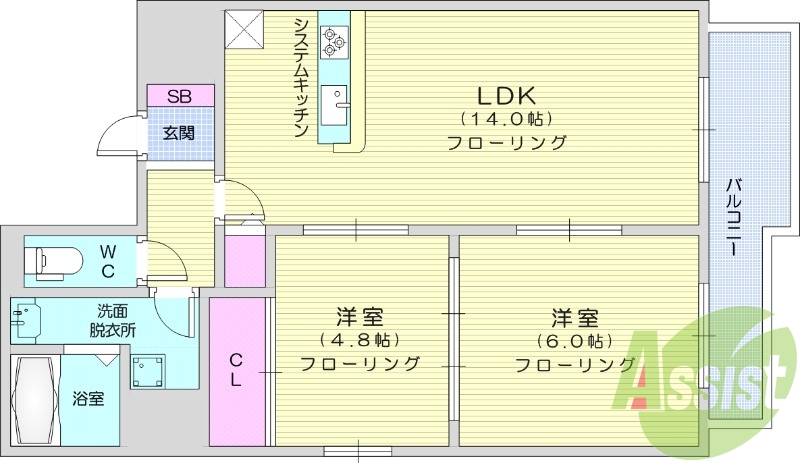 2LDK、エアコン、システムキッチン、追い炊き機能