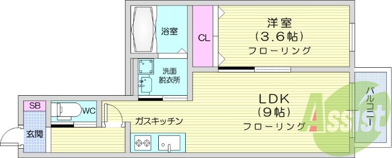 1LDK、エアコン、温水洗浄便座、浴室乾燥機