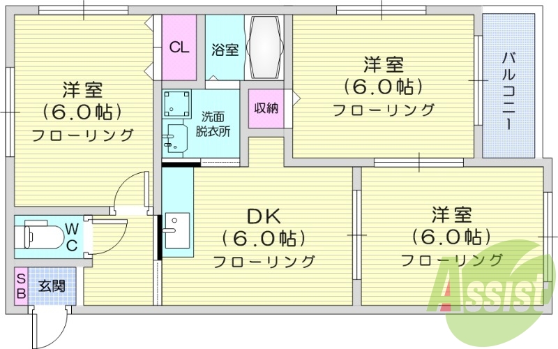 3DK、エアコン、室内洗濯機置き場、トイレ浴室別、収納