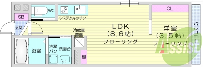１LDK、独立洗面台、浴室乾燥、バストイレ別