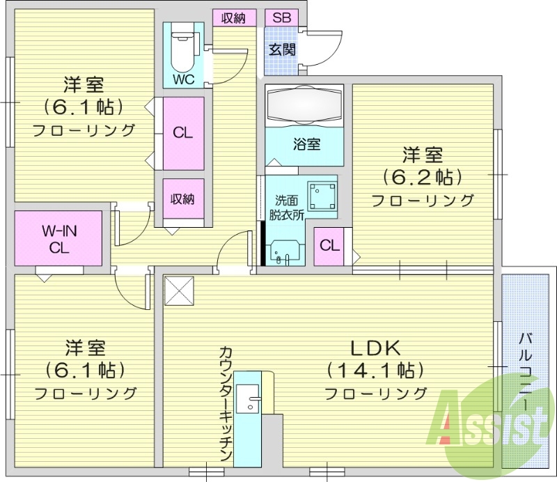 ３LDK、エアコン2台付き、ウォークインクローゼット