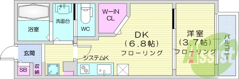 1DK、バルコニー、ウォークインクローゼット