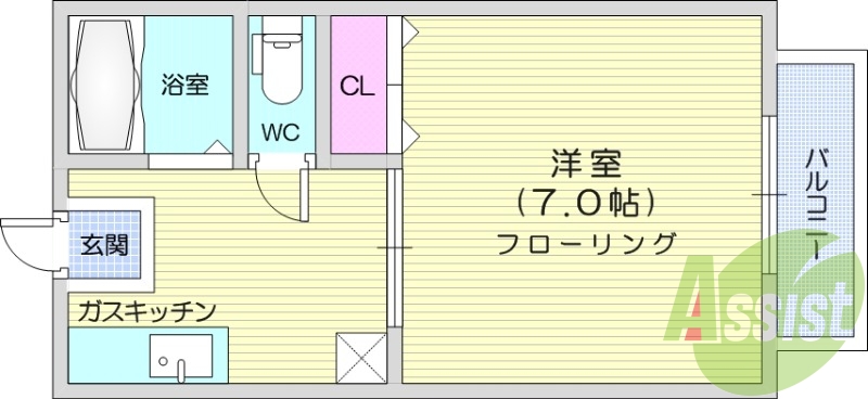 1*、バルコニー、バストイレ別、都市ガス、給湯、フローリング