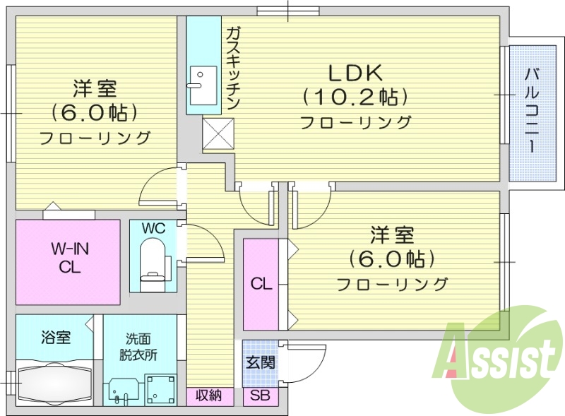 2LDK、エアコン、モニター付きインターホン