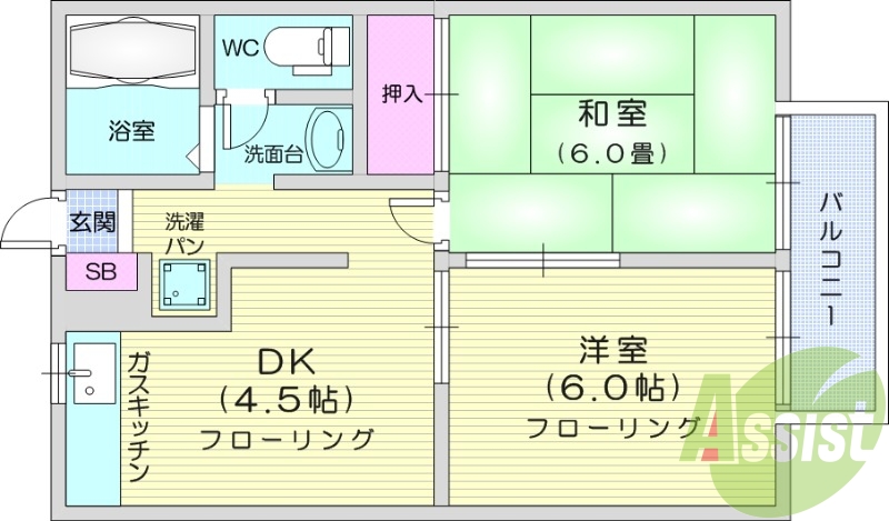 2DK、日当たり良好、追い焚き、シューズボックス