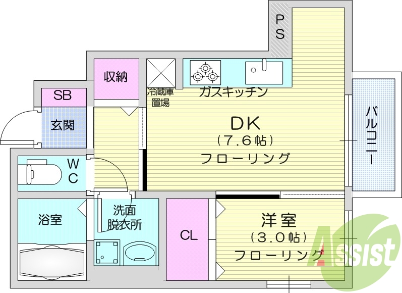 1DK、エアコン、フローリング、バルコニー
