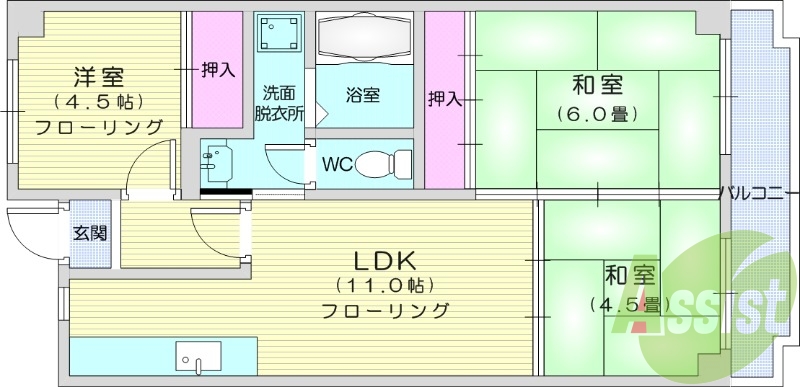 3LDK、ペット可、ガスコンロ可、都市ガス、エアコン