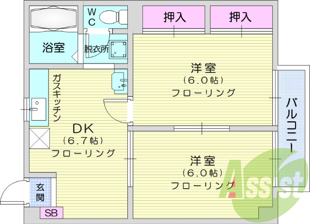 2DK、独立洗面台、脱衣所、バルコニー、バストイレ別