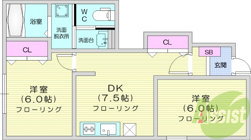 ２DK、バス・トイレ別、温水洗浄付便座、室内洗濯機置場　