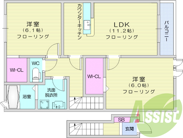 2LDK、フローリング、エアコン、クローゼット