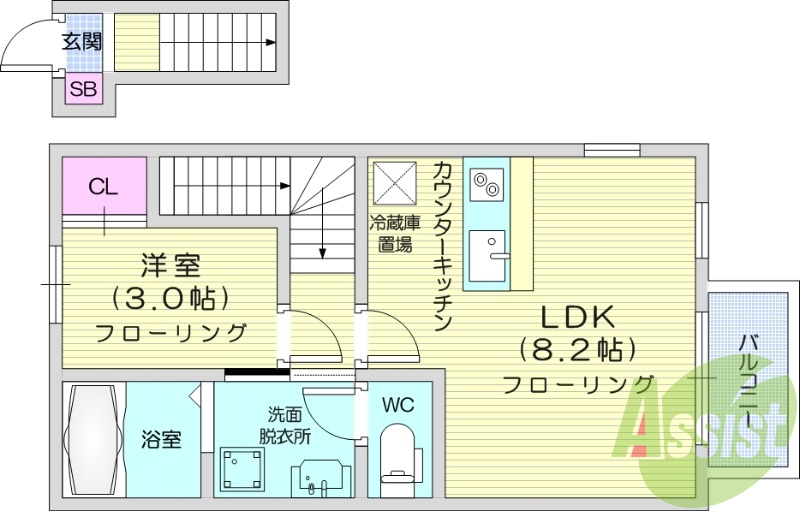 1LDK、バルコニー、浴室乾燥機、追い焚き.