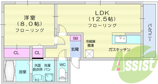 1LDK、追い焚き、エアコン、対面式キッチン。