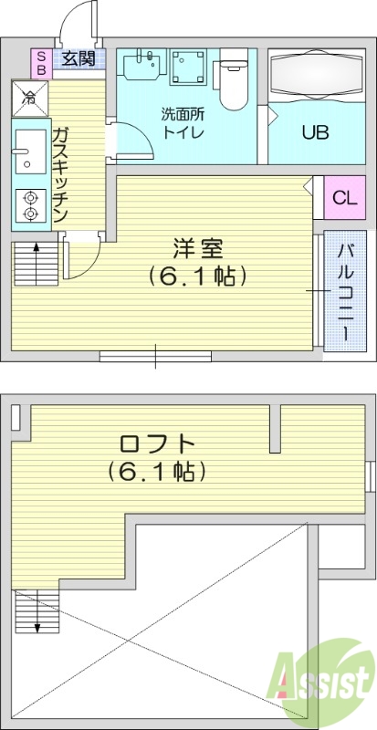 1K、ロフト、エアコン、室内洗濯機置き場、トイレ浴室別