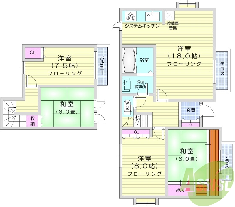 4LDK、都市ガス、戸建て、駐車場3台。