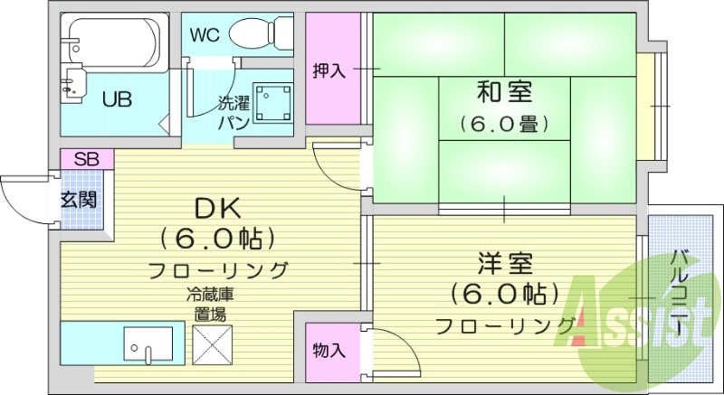 2DK、バストイレ別、南向き開口部、室内洗濯置場