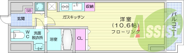 1R、バス・トイレ別、温水洗浄便座、ガスコンロ付き
