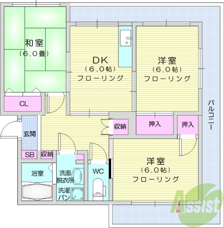 3DK、独立洗面台、室内洗濯機置場、モニター付きインターホン
