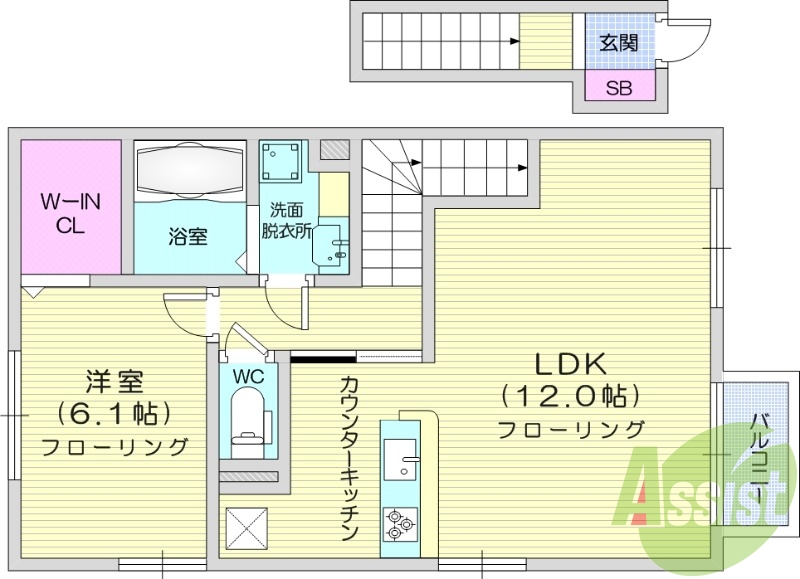 1LDK、ウォークインクローゼット、宅配BOX付き